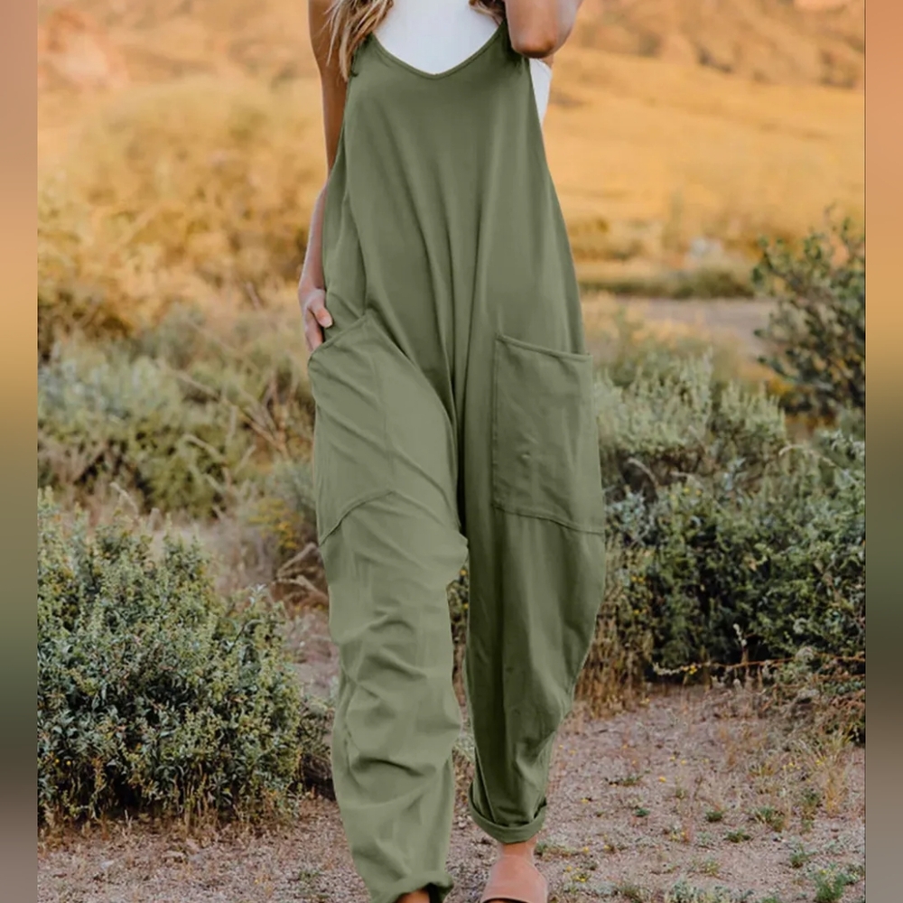 Oversized Hippie V-Neck Sleeveless Wide Leg Pant Pocket Jumpsuit Outfit Bohemian - Picture 9 of 10